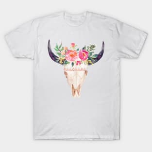 Watercolor bull skull flowers T-Shirt